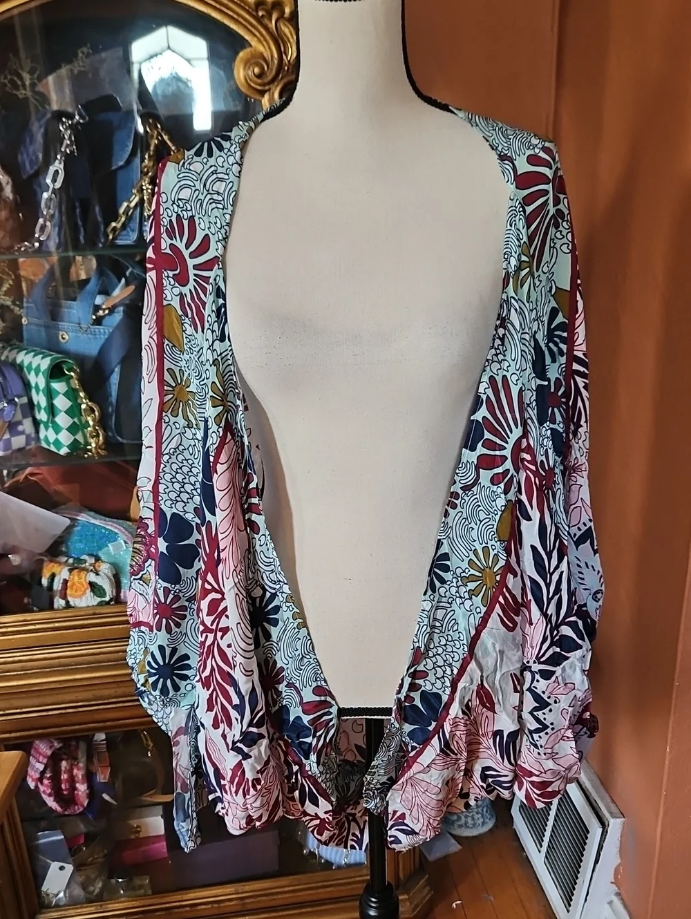 Anthropologie Bohemian Floral Cocoon Duster with Batwing Arms